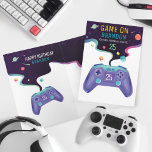 Video Gamer Level Up  Personalized Birthday Age Card<br><div class="desc">We've designed this fun and bright video game theme birthday card. The design features a colorful purple and teal video game controller with the top of the card depicting a virtual game space that included stars planets and other references to a virtual video game concept. Customize with name and age....</div>