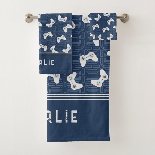 Video Gamer Pattern Custom Name Bath Towel Set (Insitu)