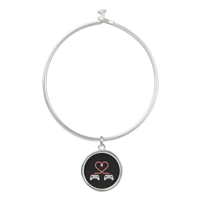Video Gamer Valentines Day With Controllers Heart  Bangle Bracelet (Front)