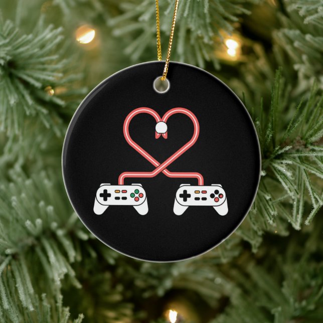Video Gamer Valentines Day With Controllers Heart  Ceramic Ornament (Tree)
