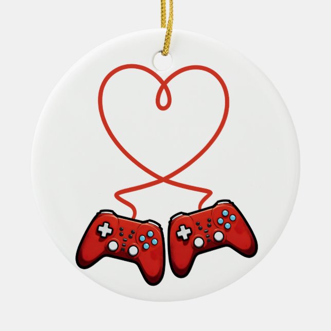 Video Gamer Valentines Day With Controllers Heart Ceramic Ornament (Front)