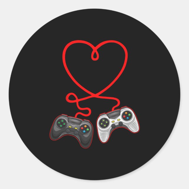 Video Gamer Valentines Day With Controllers Heart  Classic Round Sticker (Front)
