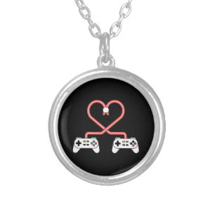 Video Gamer Valentines Day With Controllers Heart Silver Plated Necklace