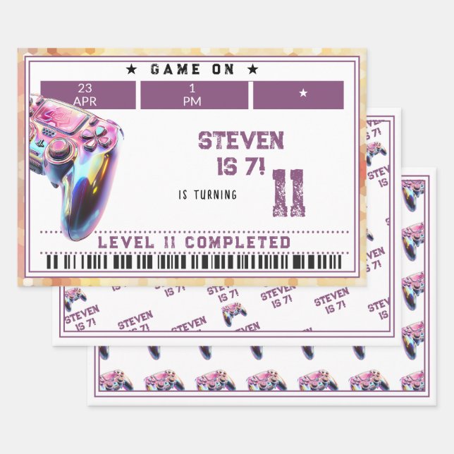 Video games kids birthday wrapping paper sheets (Set)