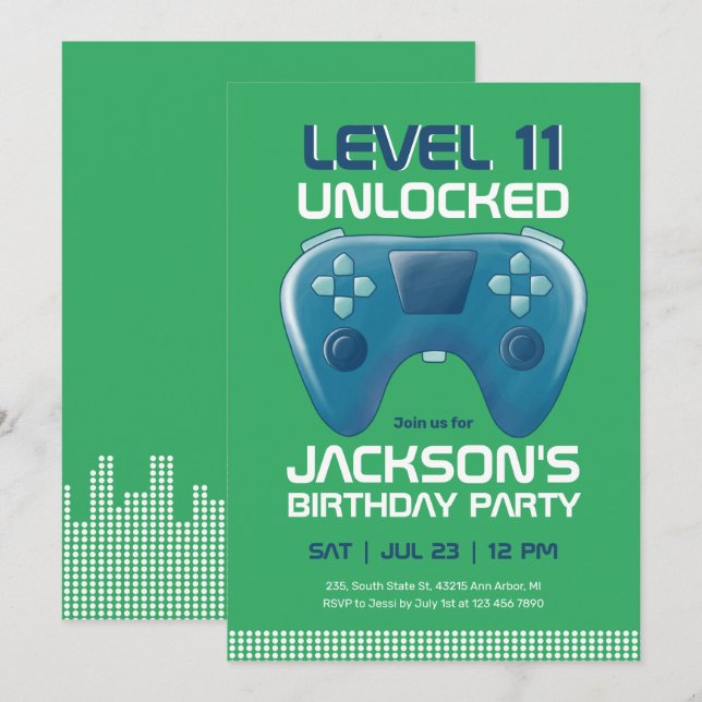 Video Games Level Unlocked Green Gamer Birthday Invitation (Front/Back)