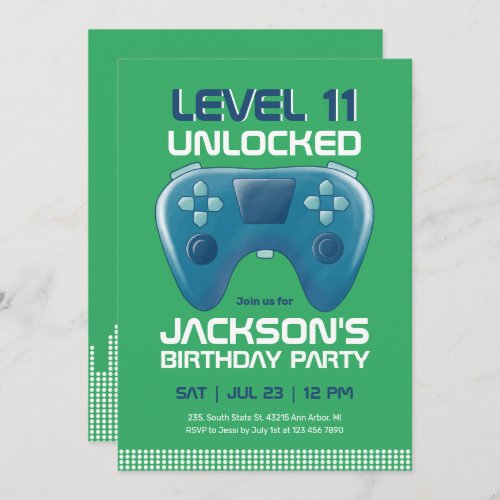 Video Games Level Unlocked Green Gamer Birthday Invitation