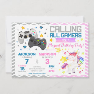 Video Games & Unicorn Joint Birthday Invitation