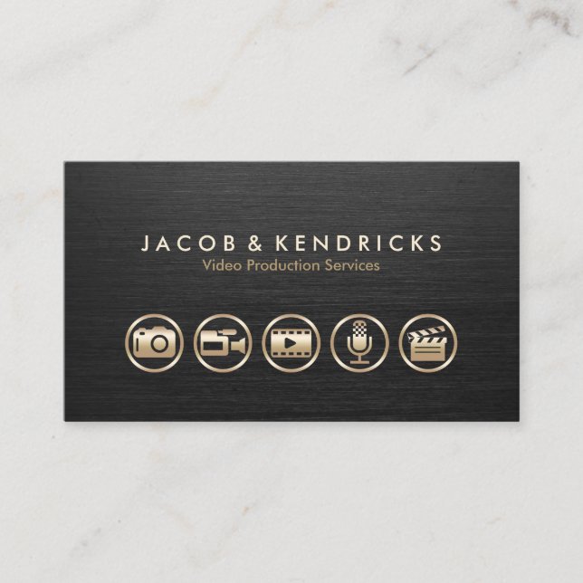 Video Production Services Gold Icons Black Metal Business Card (Front)
