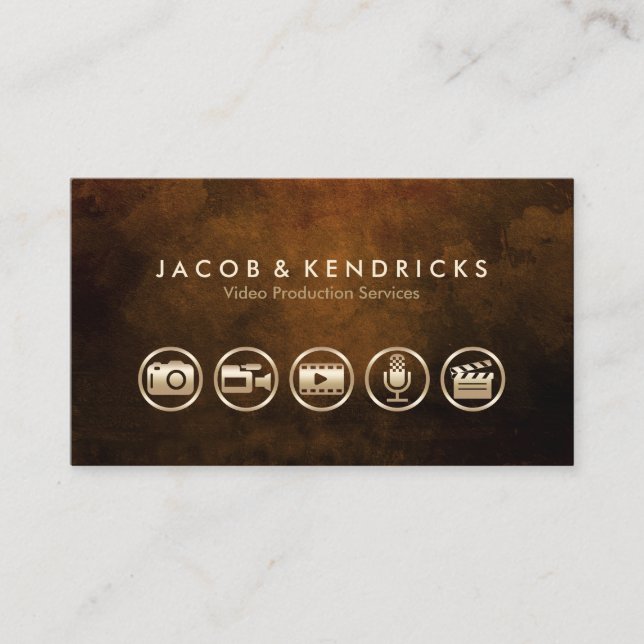 Video Production Services Gold Icons Brown Grunge Business Card (Front)