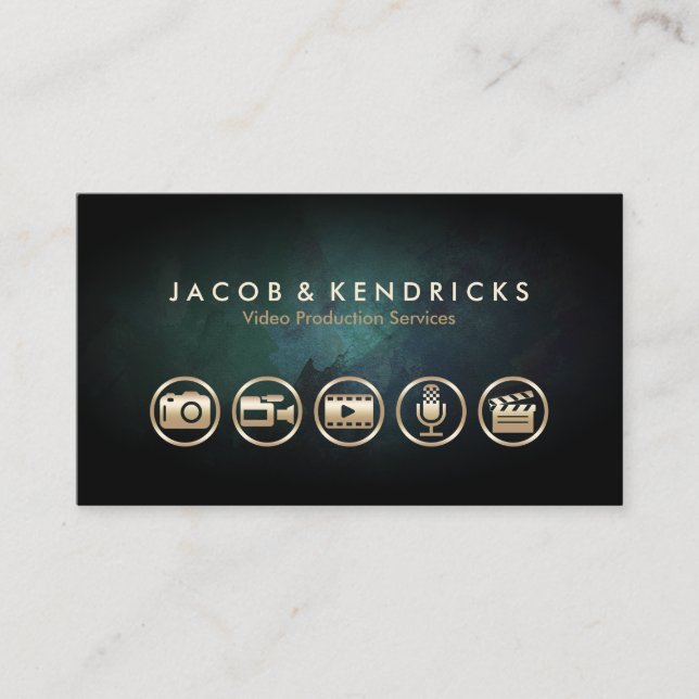 Video Production Services Gold Icons Teal Grunge Business Card (Front)