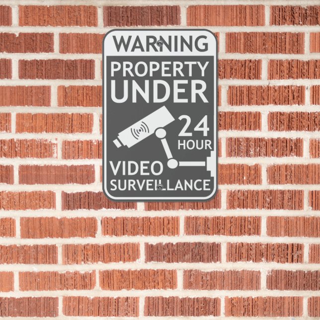 Video Surveillance Security Warning Gray White Metal Sign (In Situ(Brick))