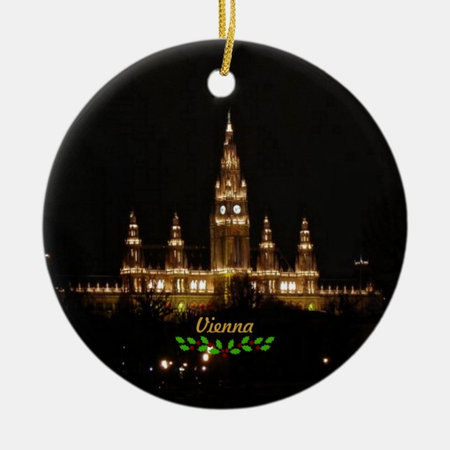 Vienna at Night with Christmas holly Ceramic Ornament (Front)