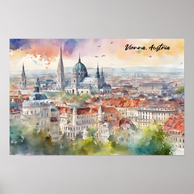 Vienna Austria Watercolor Painting Panorama View  Poster (Front)