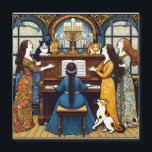 Viennese Secession Soirée with Cats, Hannukah<br><div class="desc">Step into the enchanting world of 'Melodic Fusion, ' a captivating masterpiece where cultural threads weave together seamlessly. A woman with flowing locks serenades around a piano adorned with two feline companions, creating a harmonious ambiance. Amidst the Viennese Secession gilded elegance, two Hannukah symbols stand proudly, accompanied by the sweet...</div>