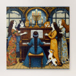 Viennese Secession Soirée with Cats, Hannukah Jigsaw Puzzle<br><div class="desc">Step into the enchanting world of 'Melodic Fusion, ' a captivating masterpiece where cultural threads weave together seamlessly. A woman with flowing locks serenades around a piano adorned with two feline companions, creating a harmonious ambiance. Amidst the Viennese Secession gilded elegance, two Hannukah symbols stand proudly, accompanied by the sweet...</div>