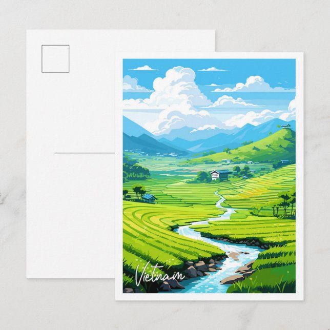 Vietnam Art Travel Vintage illustration Postcard (Front/Back)