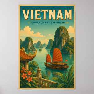 Vietnam Ha Long Bay Illustration Travel Art Retro Poster