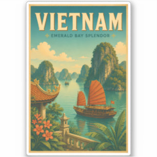 Vietnam Ha Long Bay Illustration Travel Art Retro Sticker