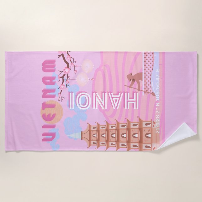 Vietnam Travel Art, Pink Beach Towel (Front)