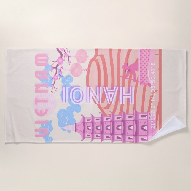 Vietnam Travel Art, Pink Beach Towel (Front)