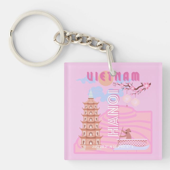 Vietnam Travel Art, Pink Keychain (Front)