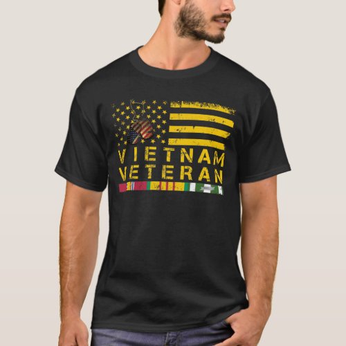 Vietnam Veteran Yellow Text Distressed American Fl T_Shirt