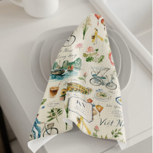 Vietnam Watercolor Monogram Kitchen Towel