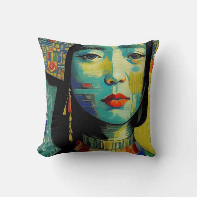 Vietnam Woman Portrait Painting Throw Pillow (Front)