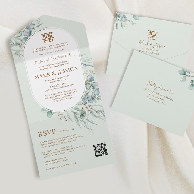 Vietnames Eucalyptus Round Frame Wedding All In One Invitation (Creator Uploaded)