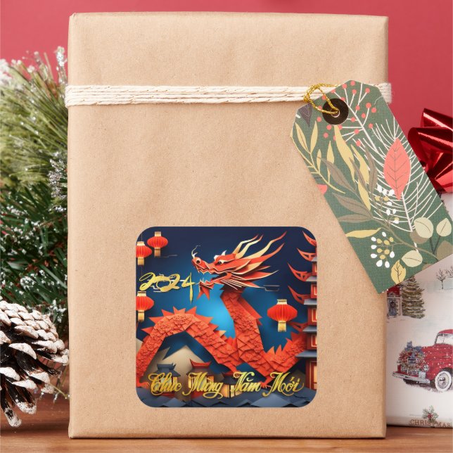 Vietnamese Dragon New Year 2024 Origami SqS Square Sticker (Holiday)