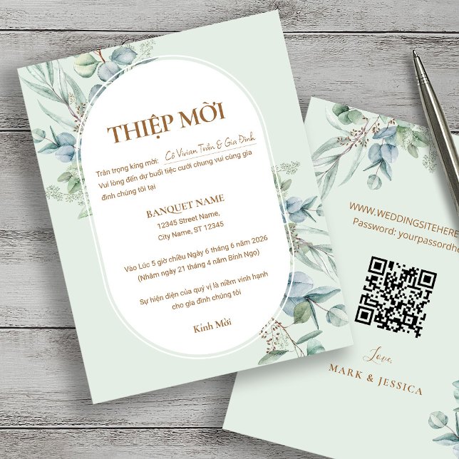Vietnamese Eucalypt Wedding Thiệp Mời with QR code (Creator Uploaded)