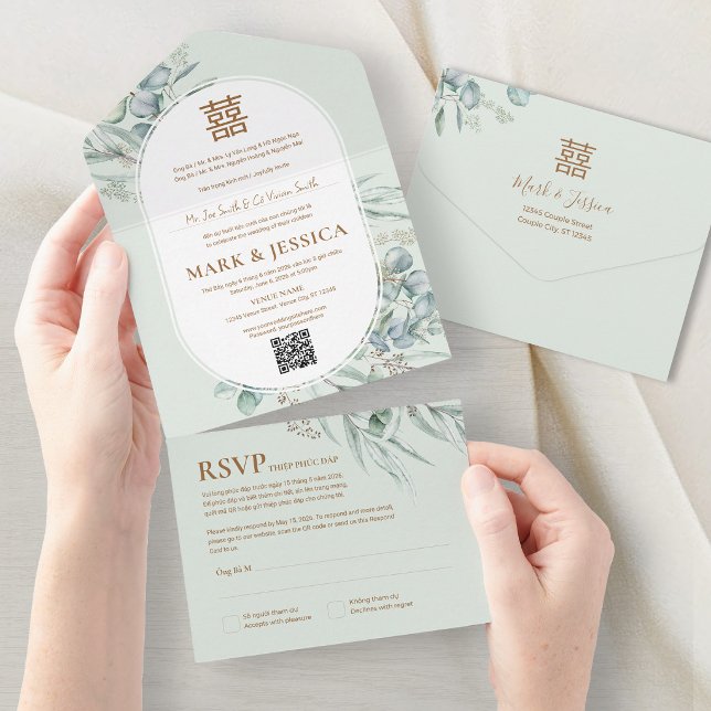 Vietnamese Eucalyptus Round Frame Wedding All In One Invitation (Creator Uploaded)