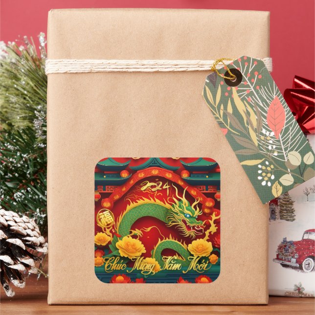 Vietnamese Green Dragon New Year 2024 SqS Square Sticker (Holiday)