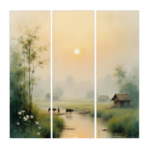 Vietnamese Morning Mist Village Watercolor Art
