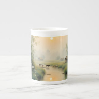 Vietnamese Morning Mist Village Watercolor Art Bone China Mug