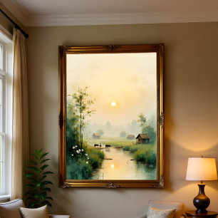 Vietnamese Morning Mist Village Watercolor Art Canvas Print