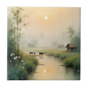 Vietnamese Morning Mist Village Watercolor Art Ceramic Tile