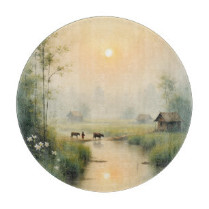 Vietnamese Morning Mist Village Watercolor Art Cutting Board