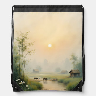 Vietnamese Morning Mist Village Watercolor Art Drawstring Bag