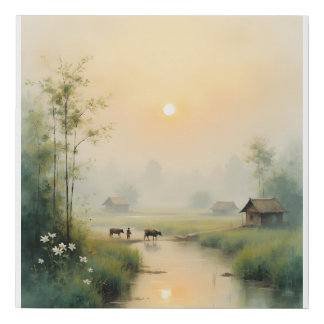 Vietnamese Morning Mist Village Watercolor Art Faux Canvas Print