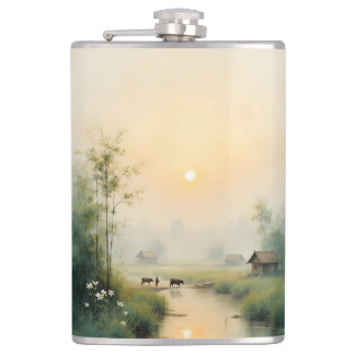 Vietnamese Morning Mist Village Watercolor Art Flask