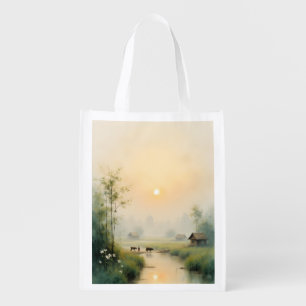 Vietnamese Morning Mist Village Watercolor Art Grocery Bag