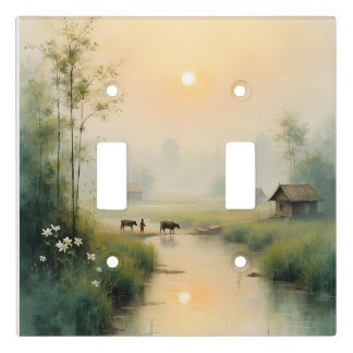 Vietnamese Morning Mist Village Watercolor Art Light Switch Cover