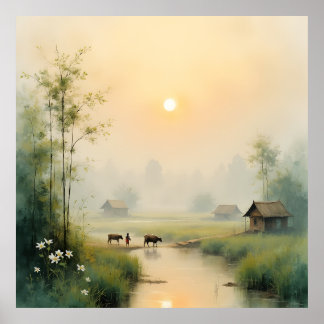 Vietnamese Morning Mist Village Watercolor Art Poster