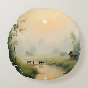 Vietnamese Morning Mist Village Watercolor Art Round Pillow