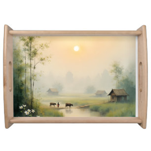Vietnamese Morning Mist Village Watercolor Art Serving Tray