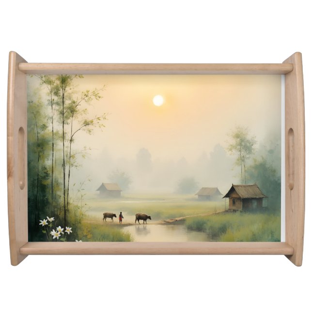Vietnamese Morning Mist Village Watercolor Art Serving Tray (Front)
