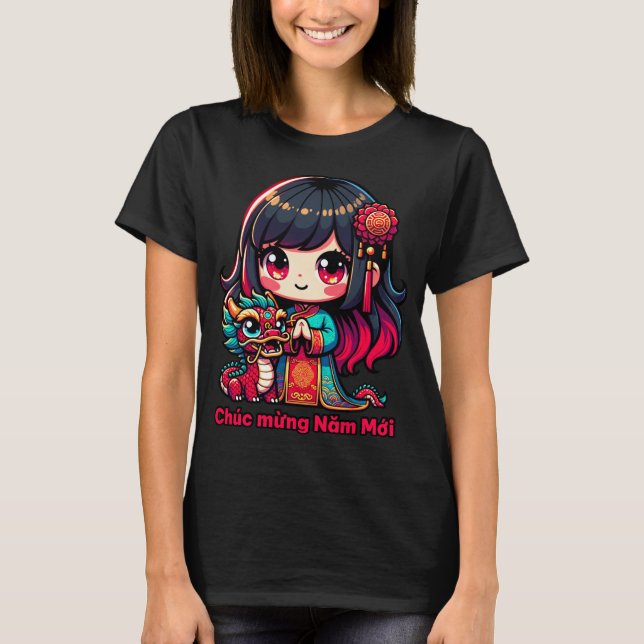 Vietnamese New Year Girl & Red Dragon T-Shirt (Front)
