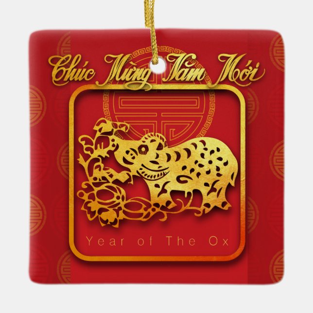 Vietnamese New Year OX paper-cut CRO Ceramic Ornament (Front)