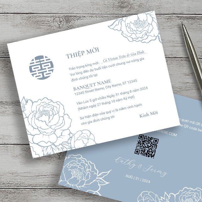 Vietnamese Peony Song Hy Wedding Thiệp Mời (Front & Back)